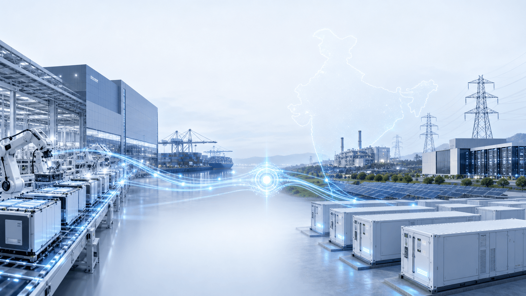 Global battery manufacturing and logistics connected to India's BESS, solar and grid ecosystem