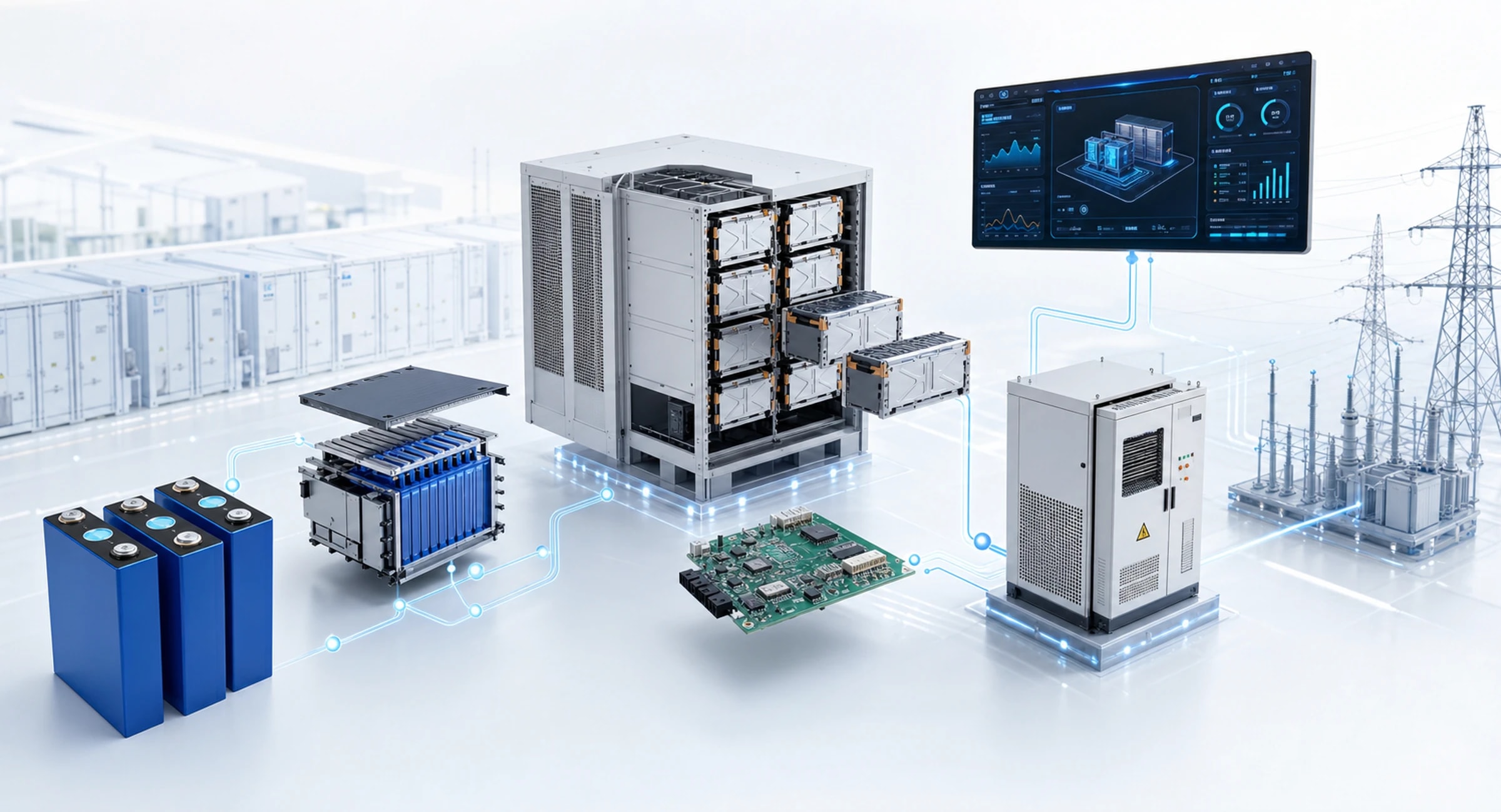 BESS intelligence layer showing cell, module, rack, BMS, PCS, EMS and grid architecture