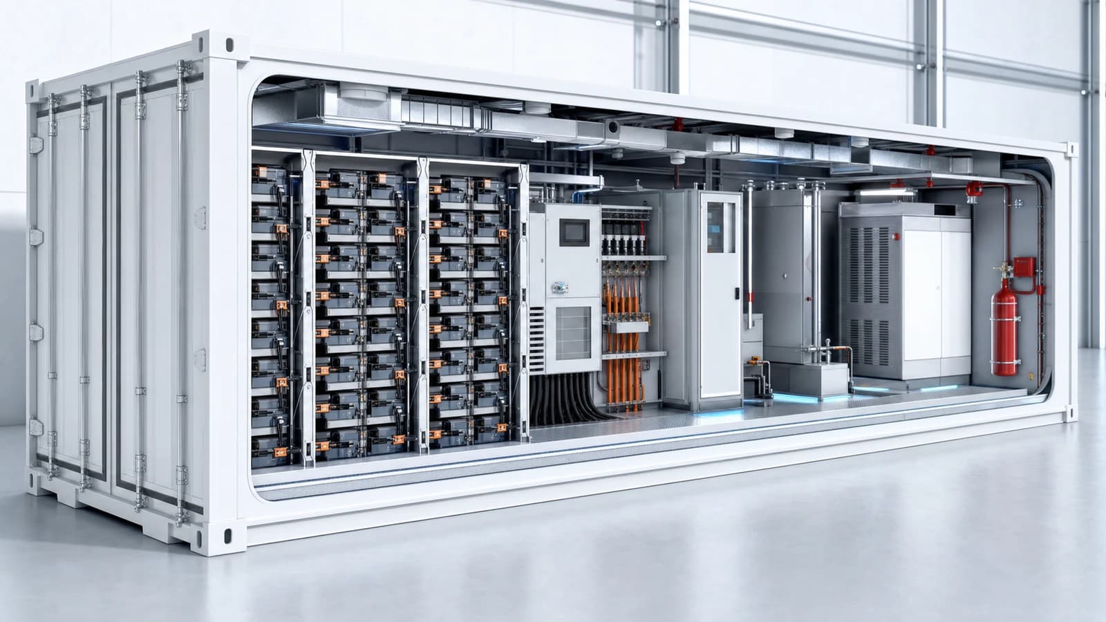 Cutaway view inside a BESS container with racks, modules, thermal systems and safety equipment